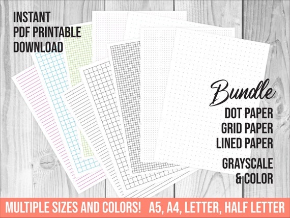 Dot Grid Lined Paper Journal Notebook Planner Colors A5 A4 Letter Half Letter Sized PDF 140 Printable Inserts