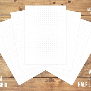May include: A stack of white paper sheets with a 10mm dot grid pattern. The paper is available in A4, A5, Letter, and Half Letter sizes. The paper is available in black, medium gray, light gray, blue, green, teal, and pink.