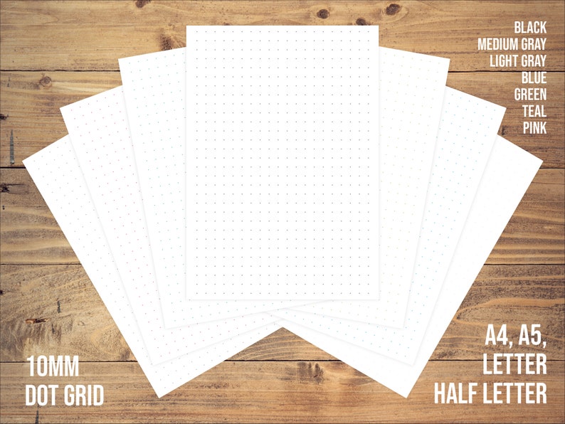 May include: A stack of white paper sheets with a 10mm dot grid pattern. The paper is available in A4, A5, Letter, and Half Letter sizes. The paper is available in black, medium gray, light gray, blue, green, teal, and pink.