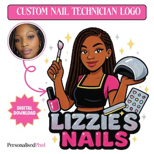 Diseño de logotipo de salón de uñas con dibujos animados personalizados, plantilla de salón de belleza, logotipo de tienda para pequeñas empresas, PNG de técnico de uñas, descarga digital