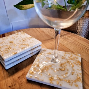 White and gold flakes  resin coaster
