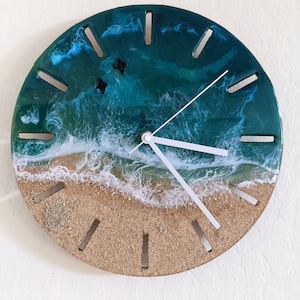 Ocean/ Beach Waves -blue resin wall clock 12&quot;. Housewarming/ valentine&#39;s day gift. Wood clock