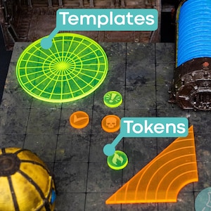 May include: A tabletop gaming set featuring the word "Necromunda". The set includes green templates, orange tokens, and a blue cylindrical structure. The words "Templates" and "Tokens" are labelled on the image.