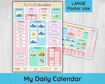 Calendario diario Montessori para niños/Calendario interactivo de escuela en casa, aprenda sobre los días de la semana, los meses, las estaciones y el gráfico meteorológico