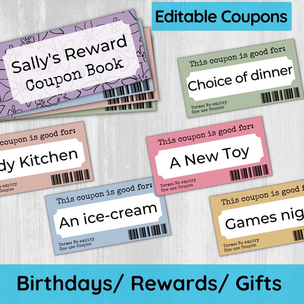 Editable Printable Coupon Book for Reward Systems, Coupon Template for Kids, Gift Vouchers, Custom Coupon for behavior or birthday ideas