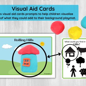 May include: A visual aid card for children to help them visualize shapes. The card features a blue house with a red roof and a window. The text on the card reads "Rolling Hills". The card also includes a magnifying glass with a silhouette of a house, cow, flower, tree, person, and sheep.