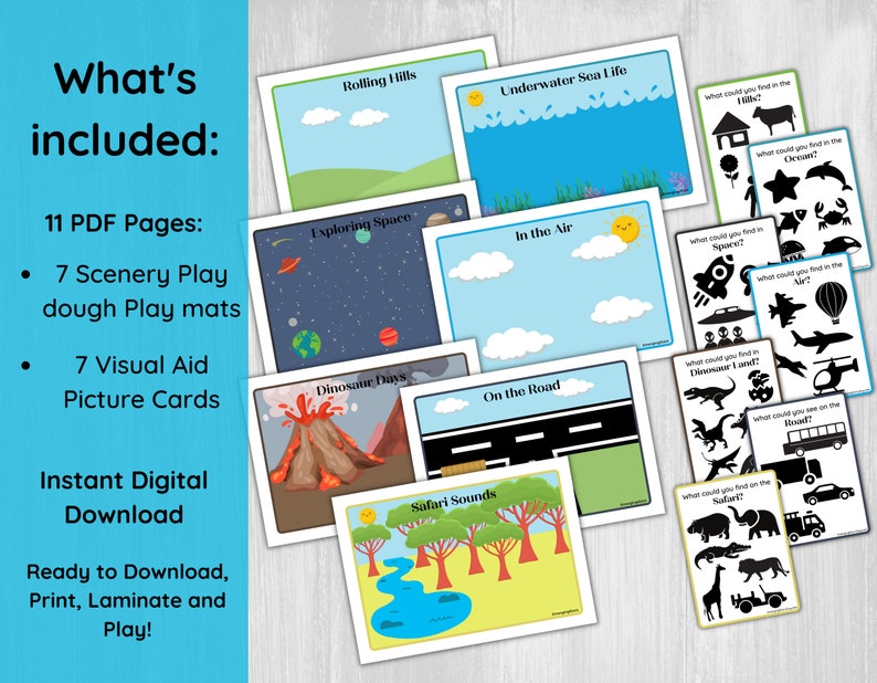 May include: A set of 11 printable PDF pages for kids. The pages include 7 colorful play dough mats with themes like "Rolling Hills", "Underwater Sea Life", "Exploring Space", "Dinosaur Days", "On the Road", "In the Air", and "Safari Sounds". There are also 7 visual aid picture cards with black and white silhouettes of objects from each theme.