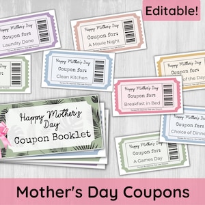 Coupons imprimables pour la fête des mères, carnet de coupons pour maman, modèle de coupon pour maman, cadeau pour mère, coupons personnalisés modifiables