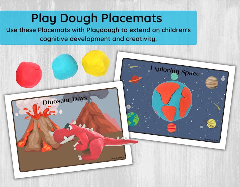 May include: Two printable play dough placemats, one with a dinosaur and volcano, and the other with a planet and stars. The text "Dinosaur Days" and "Exploring Space" is on each mat.