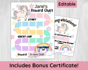 Girls Editable Reward Chart, Unicorn Toddler Reward Chart, Rainbow Kids Reward Chart for Potty Training, Behaviour Chart Certificate sticker