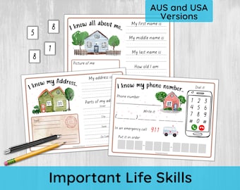 I know my Address Activity, Preschool Phone Number Practice, Kids Important Life Skills, All About Me, Printable Game, Home School Worksheet