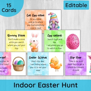 Tarjetas de pistas para la búsqueda de huevos de Pascua para niños, búsqueda del tesoro de Pascua, búsqueda del tesoro, actividad feliz del conejo de Pascua, juego de imprimibles de Pascua en interiores