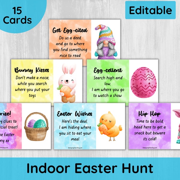 Kids Easter Egg Hunt Clue Cards, Easter Scavenger Hunt, Treasure Hunt, Happy Easter Bunny Rabbit Activity, Indoor Easter Printables game