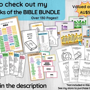 May include: A colorful printable Bible study bundle with over 130 pages. The bundle includes a chart of the 66 books of the Bible, coloring pages of Bible stories, and bookmarks with the books of the Bible categorized by genre. The text "Valued at over AU$50!" is in a yellow starburst.