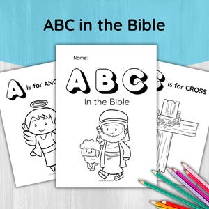 Alfabeto en la Biblia para colorear en páginas para niños, actividad cristiana para colorear ABC Hojas de trabajo para niños Lección bíblica de escuela dominical imprimible