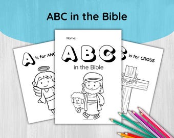 Alphabet in the Bible Color in Pages for Kids, Christian ABC coloring activity Worksheets for Children Sunday School Bible Lesson Printable