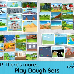 May include: A set of 24 colorful play dough background cards featuring various themes, including a pirate ship, a castle, a desert, a jungle, a beach, a school, a cave, a house, a campfire, a forest, a mountain, a circus, an underwater scene, a safari, a volcano, a road, and outer space. The cards are printed with the theme name at the top.