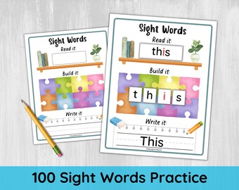 Primera práctica de 100 palabras reconocibles a la vista, juego de ortografía imprimible, creador de palabras reconocibles a la vista para grado preescolar, 100 tarjetas, aprender a leer, hoja de trabajo de escritura