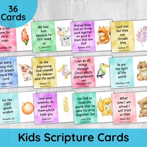 May include: 36 colourful cards with watercolour illustrations of animals and plants. Each card features a different Bible verse for kids. The cards include verses like "He is not here for he is risen" and "For God so loved the world that he gave his only begotten Son".