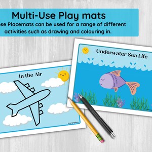 May include: Two printable play mats for kids. One mat features a blue airplane in the sky with clouds and a sun. The other mat features a purple fish swimming in the ocean with seaweed and bubbles. Both mats have the text "In the Air" and "Underwater Sea Life" on them.