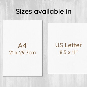 May include: Two white cards with brown text showing the available sizes for a printable. The left card says "A4 21 x 29.7cm" and the right card says "US Letter 8.5 x 11"