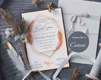 Rose Gold Einladung für Brautparty, Braut Brunch Einladung zum Bearbeiten und Drucken Vorlage, Geometrische Einladung in Rose Gold