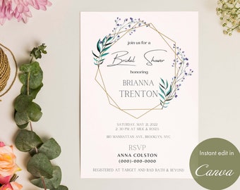 Gold Geometrische Brautparty Einladung, Brautparty Digital Invite, Floral Brautbrunch lädt ein, Lavendel Brautparty einladen Vorlage