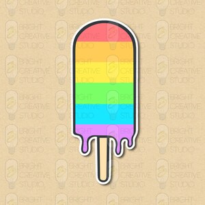 May include: A rainbow popsicle with a wooden stick. The popsicle is melting and dripping down the sides.