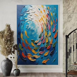 Extra Large Vertical Fish Painting Seabed Yellow Red Green Fish Wall Art Colorful Blue Ocean Canvas Art Perfect Child’s Bedroom Decor Gift