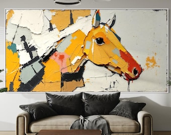 Colorful Brushstroke Cartoon Style Horse Art Hand Painted Yellow White Background Acrylic Painting Large Animal Artwork Bedroom Wall Decor