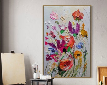 Abstract Floral Bloom Art, Thick Texture Flower Wall Art, Extra Large Artwork, 3D Hand Painted Flower Painting, Modern Dining Room Decor Art