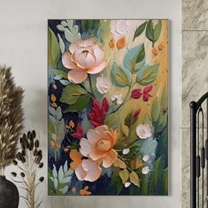 M Textured Floral Canvas Painting: White, Pink Flowers, Colorful Bedroom Decor