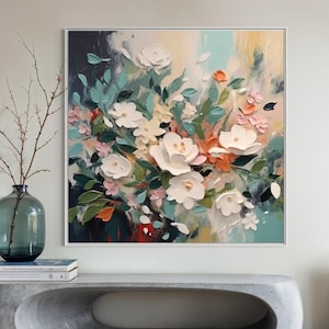 Spring Floral Wall Art White Blossom Acrylic Painting Gift for Mom or Housewarming Teal and Ivory Color Canvas Art Modern Floral Wall Decor