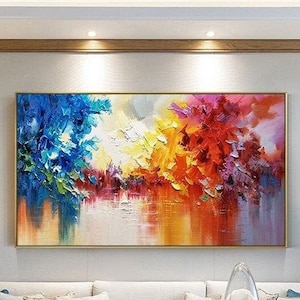 モダンでカラフルなウォールアート 特大の明るい色のアートワーク ブラシストロークの特大油絵 青 黄 オレンジ 抽象アートワーク