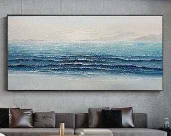 Extra Large  Modern Palette Knife Textured Blue Ocean  Abstract Wall Art Oversize Acrylic Painting Canvas Navy Blue