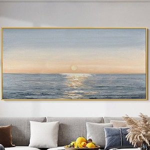 Sunrise Seascape Light Blue Orange Extra Large Brush Stroke Oil Painting on Canvas Texture Abstract Wall Art Blue Ocean Sunset Custom Art