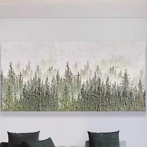 Abstract Cool Tone Nature Landscape Art on Canvas Green Forest Wall Art Hand Painted Gift for Home Decor Custom Texture Rectangle Artwork