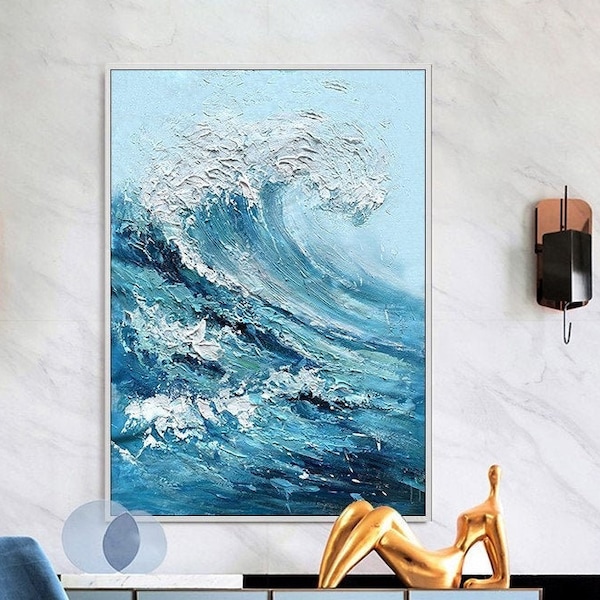 Blue Extra Large  Abstract Waves Wall Art Hand Painted Colorful Textured Oversize Acrylic Painting Modern