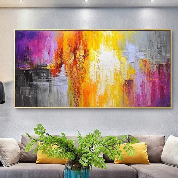 Colorful  Abstract Wall Art Oversize Acrylic Canvas Painting Extra Large Modern Palette Knife Artwork Yellow Purple