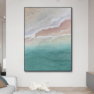 Abstract intersecting Waves on Beach from Overhead View: Contemporary, Oversized, Hand-painted Art on Canvas, with Textured Waves