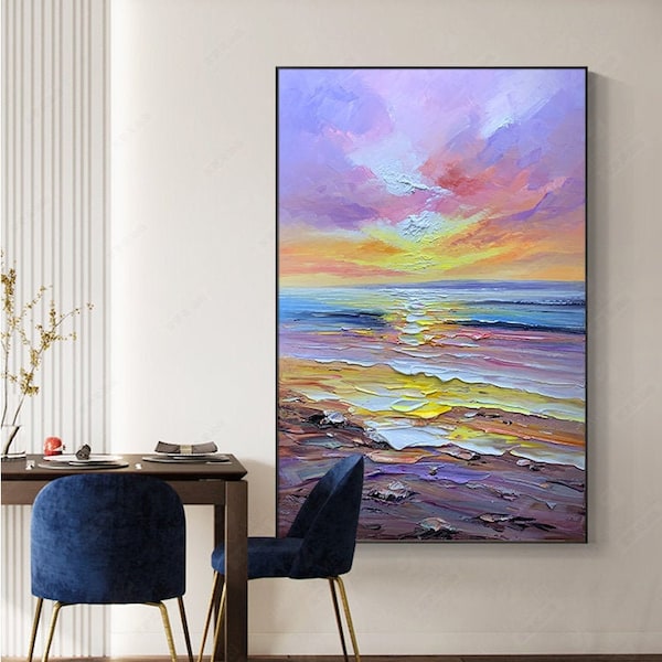 Colorful Vertical Beach Wall Art Extra Large Bright Color Artwork Brush Stroke Oversize Modern Contemporary Oil Painting On Canvas