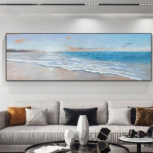Waves on Beach Light Blue Wall Art Unique Acrylic Canvas Painting Extra Large  Modern Palette Knife 3D Original Beach Waves Artwork Decor