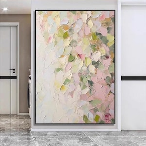 Modern Colorful Extra Large Canvas Art, Abstract Pink Green Petal Oil Painting, Thick Texture Wall Art, Spring Summer Bedroom Art Decor
