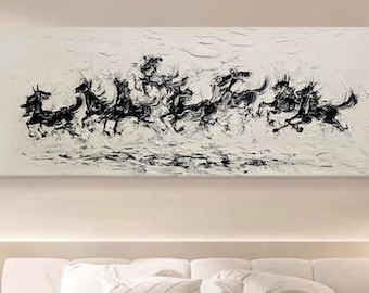 Large Herd Group of Horses Painting, Abstract Black and White Landscape Artwork, Thick Texture Custom Art, Animal Painting for Wall Decor