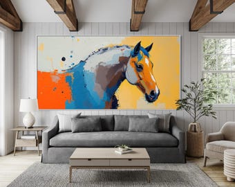 Blue Red Orange Horse Acrylic Art Colorful Animal Canvas Art Hand Painted Multicolored  Painting Large Kid Bedroom Horizontal Wall Decor