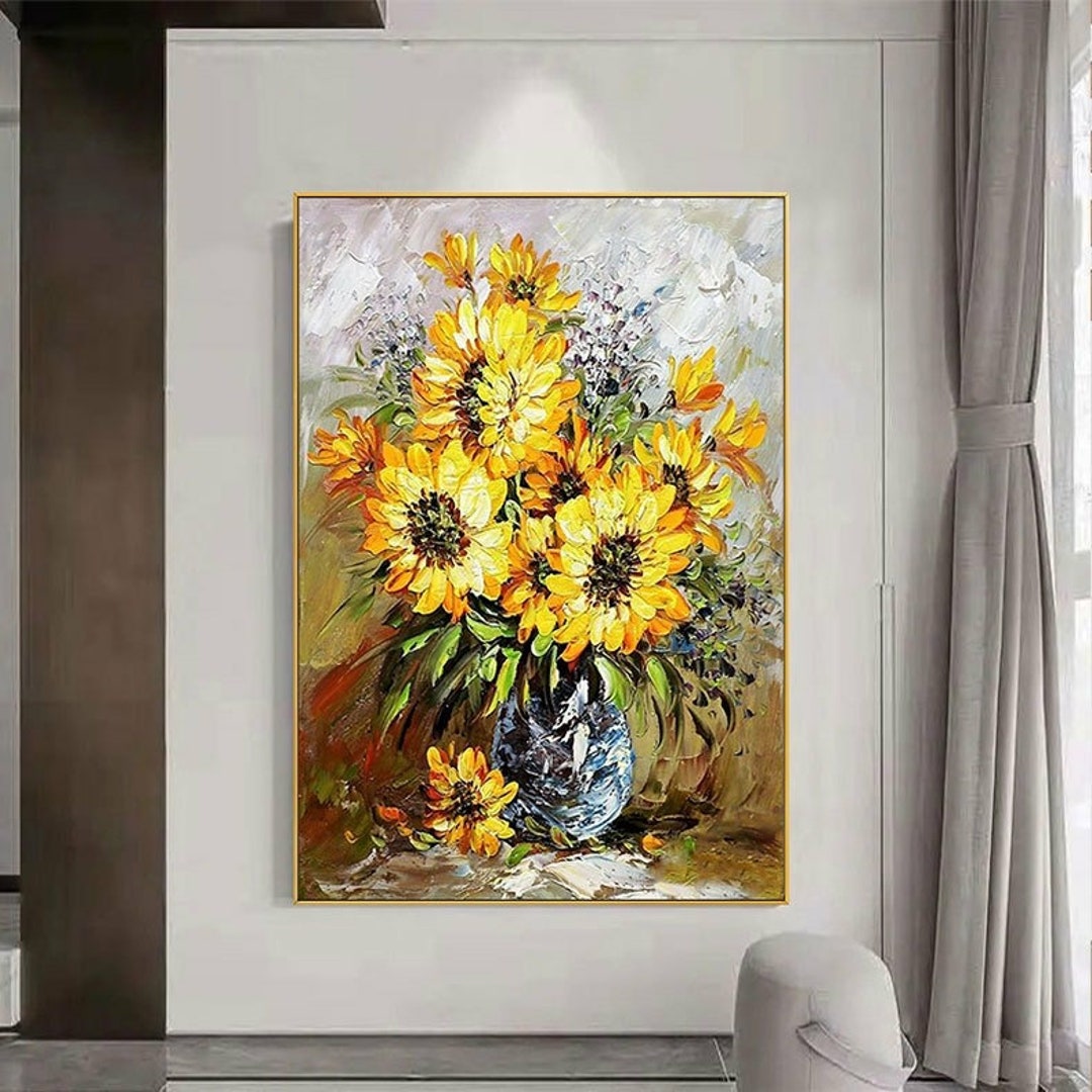 Yellow Flowers in Vase Artwork, Large 3D Abstract Floral Art ...