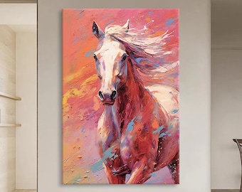 Vertical White Horse on Red Painting, Multi-colored Artwork, Thick Textured 3D Painting, Hand-Painted Original Art for Wall Decor and Home