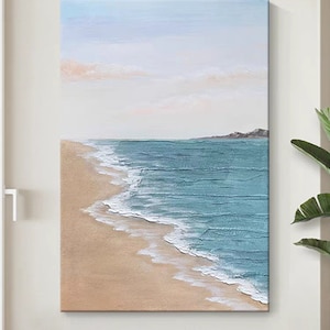 Giornata di sole sulla spiaggia e sulla sabbia, arte del paesaggio marino di grandi dimensioni, arte della parete con grandi onde, opere d&#39;arte strutturate colorate dipinte a mano, opere d&#39;arte oceaniche
