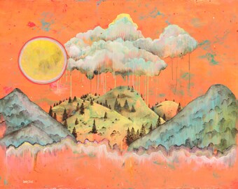 May include: A landscape painting featuring rolling green hills covered in dark pine trees under a bright orange sky. A large yellow sun sits on the left, while a textured white cloud with vertical rain streaks hangs above the center of the scene.