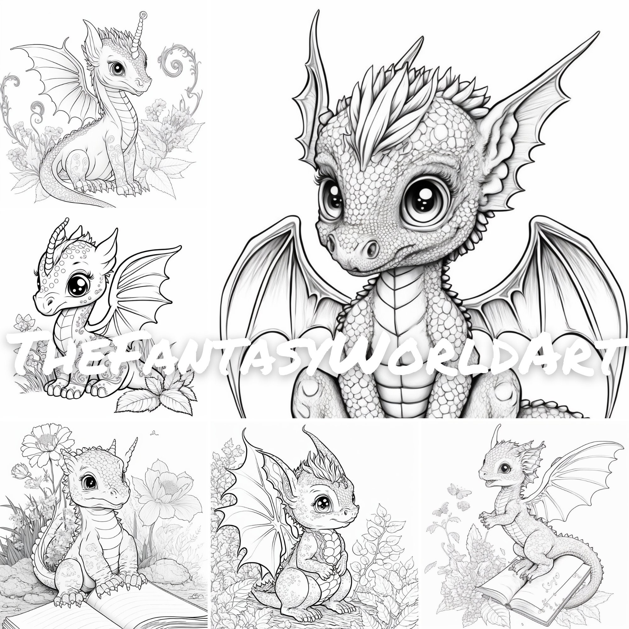 30 Baby Forest Dragon Fantasy Coloring Page for Adults + Kids- Instant ...